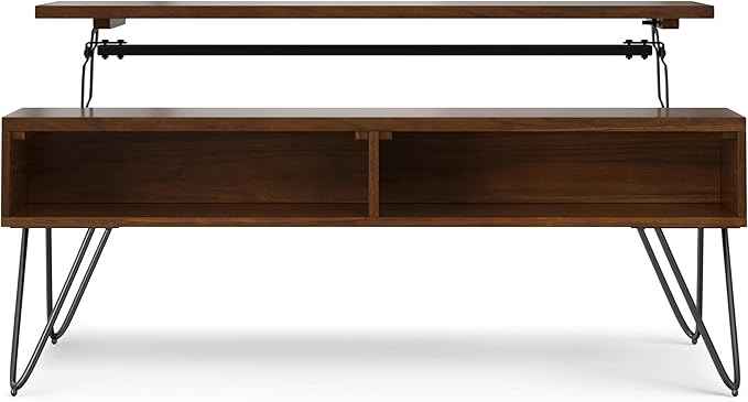 SIMPLIHOME Hunter Lift Top Coffee Table - 48 inch Wide Walnut Veneer and Metal Industrial Cocktail Table, Functional Living Room Table with 2 Storage Cubbies and Hairpin Legs