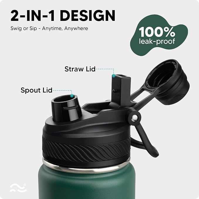 Swigina Insulated Water Bottle with Silicone Boot (36hrs Cold/18hrs Hot) - DIY Stickers, [2-in-1 Lid], BPA Free, 24 oz