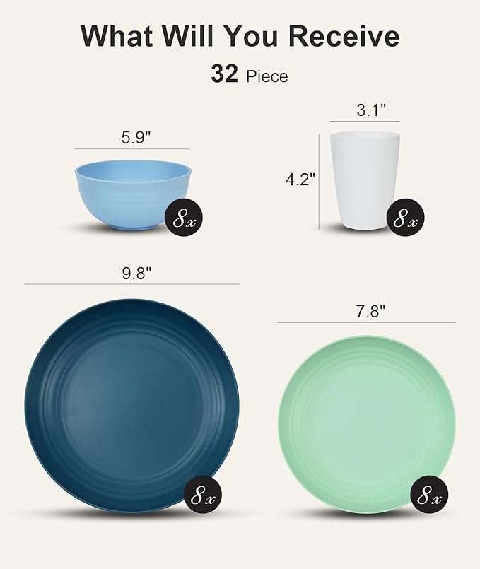 Quatish 32 Piece Plates and Bowls Sets for 8, Unbreakable Dinnerware Sets, Dish Set for Camping, Dishwasher & Microwave Safe, Outdoor Kitchen and Apartment Dinning RV Essentials, Blue