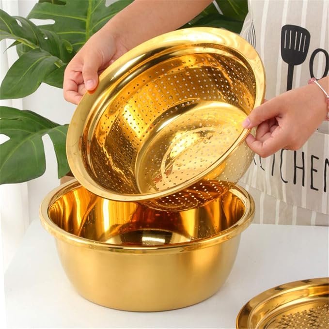 3-In-1 Multifunctional Grater Basin Colander Strainer Set, Mingcheng Stainless Steel Kitchen Drain Basket/Bottom Basin for Washing Rice, Fruits, Vegetable, Grater with Container (Gold)