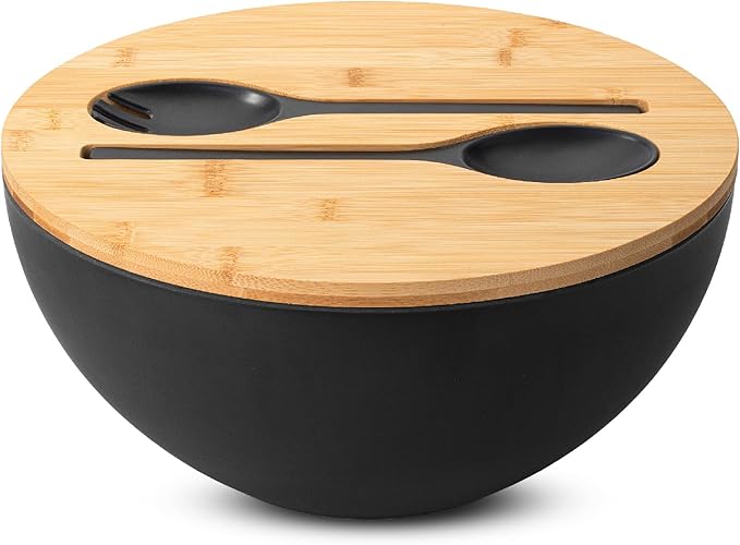 BAMBOO LAND- Extra Large Salad Bowl with Wooden Lid, 11.6 Inch, Black Bamboo Fiber Salad Bowl with Serving Utensils