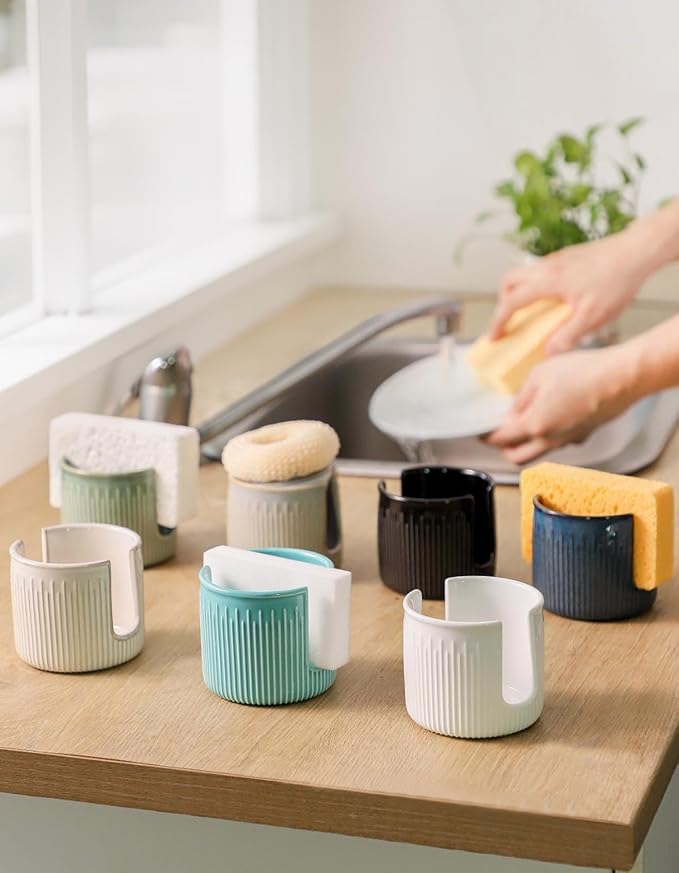 Ceramic Sponge Holder for Kitchen Sink, Scrub Sponge Dish Rack, Farmhouse Compact Sink Caddy Organizer, Glazed Blue