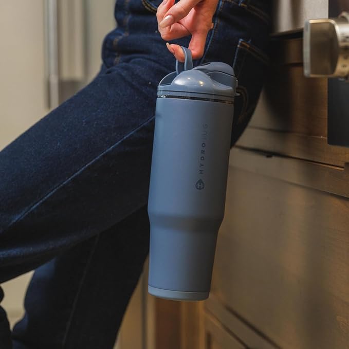 HydroJug Ease2o Water Bottle with Straw & Chug Lid, Stainless Steel, Vented Cap to Help Reduce Pressure, Water-Level Window, Cup Holder Friendly, Non-Slip Base – 32oz, Cascade