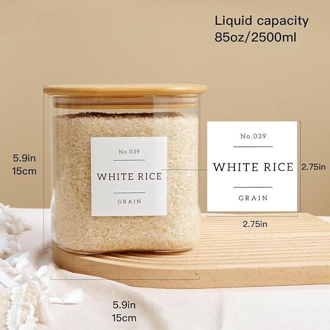 HHMJSM Large Glass Flour and Sugar Containers with 42 Kitchen Pantry Labels - 85 Oz Glass Food Storage Containers with Airtight Lids - Square Glass Jars with Bamboo Lids for Rice, Pasta, Cookies