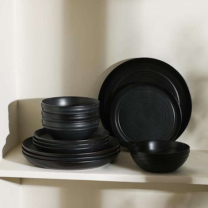 Stone Lain Elio 24-Piece Dinnerware Set Stoneware, Plates and Bowls Set, Dish Set for 8, Black