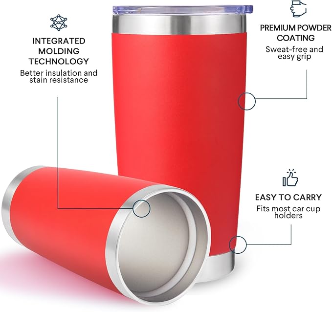 Volhoply 20oz Stainless Steel Tumbler with Lid and Straw,Double Wall Insulated Travel Iced Coffee Mug Fits Car Cup Holder,Powder Coated Cups for Hot and Cold Drinks,Gifts for Women Men（Red,1 Set）