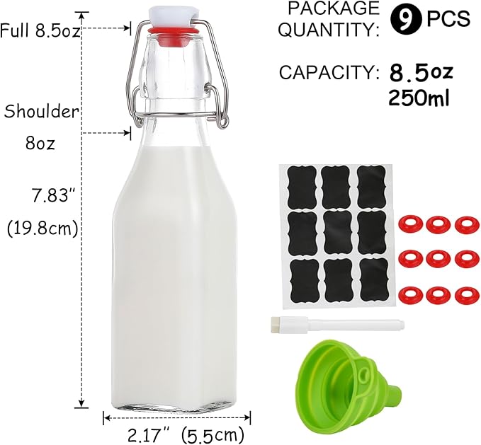 ZEBEIYU Swing Top Glass Bottles 8 oz with Airtight Lids for Home Brewing, Kombucha, Kefir, Vanilla Extract, Beer, Oil, Vinegar, Homemade Juices, Water,Soda Set of 9