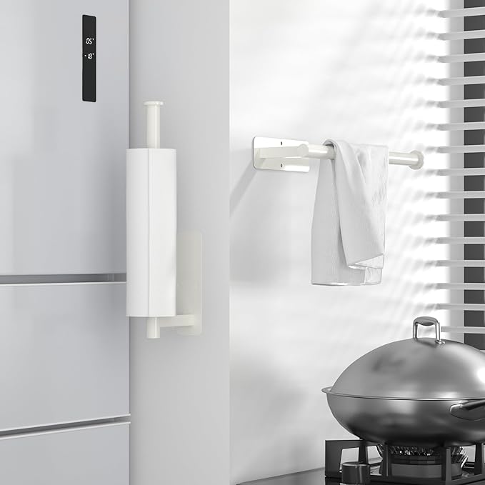 ASTOFLI Paper Towel Holder Under Cabinet No Drilling, Self Adhesive Paper Towel Holder Wall Mount for Kitchen Rack, Under Counter Napin Holder No Drill, RV, 304 Stainless Steel, White