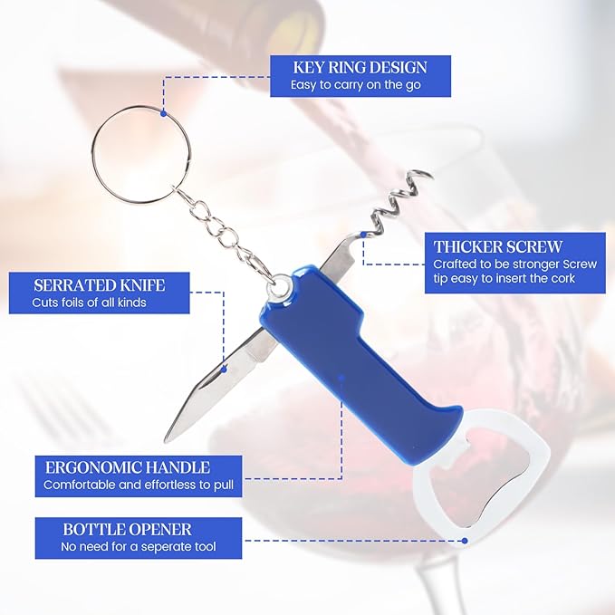 Ziliny 24 Pcs Bottle Opener Keychain Bulk Wine Bottle Beer Opener Keychain 3.27" Stainless Steel Corkscrew Waiter Corkscrew Wine Keyring Gifts for Christmas Bar Party Wedding Home (Blue)