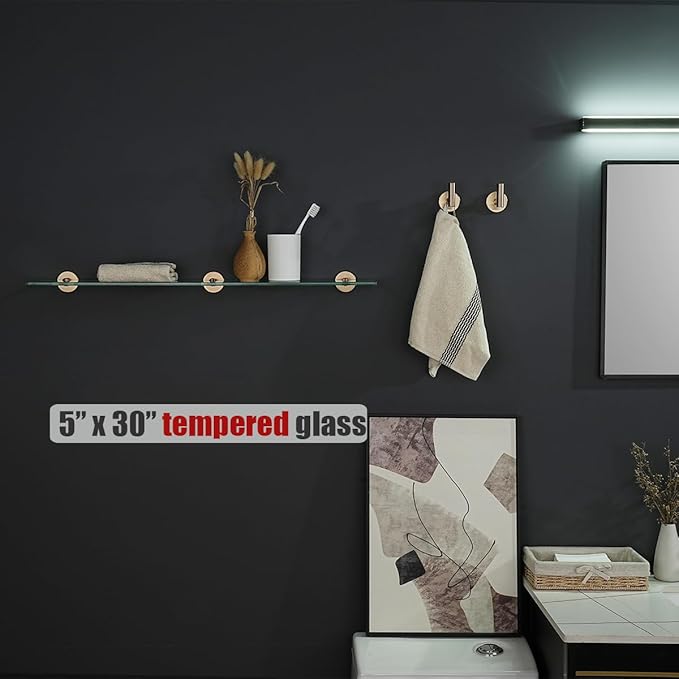 JQK Bathroom Glass Shelf, Tempered Glass Shower Storage 30 by 5 inches, 304 Stainless Steel Champagne Bronze Wall Mount, TGS101L30-CB