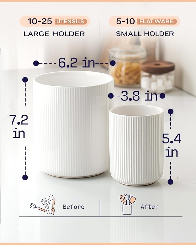 getstar Large Rotating Utensil Holder for Kitchen Counter,7.2"+5.4" Ceramic Utensils Crocks Set for Countertop Large & Small Utensil Organizer for Spatula Farmhouse Kitchen Decor