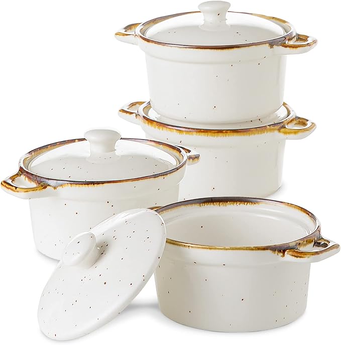 ONEMORE Ramekins with Lids, 12 oz Ceramic Small Casserole Dish with Handles & Brown Rim for Baking Soup, Speckled Oven Safe Mini Dutch Oven Rustic Cocotte Set of 4 for Individual Serving, Creamy White