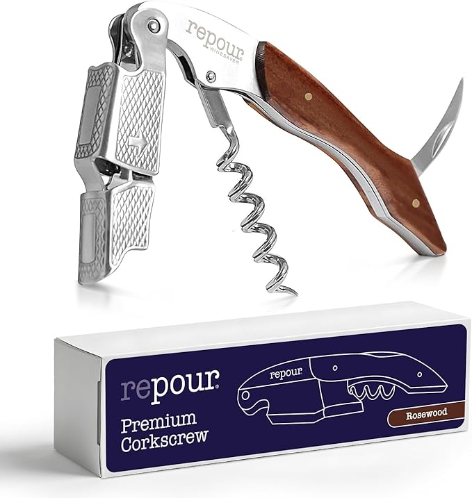 Repour 3 in 1 Corkscrew- Professional Wine Bottle Opener with Serrated Foil Cutter and Bottle Opener- Manual Wine Key for Bartenders, Servers, Waiters, and Wine Enthusiasts (Rosewood)