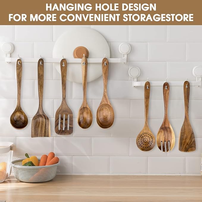 Premium 8-Piece Teak Wood Cooking Utensil Set - Heat Resistant, Lightweight & Sturdy Wooden Spoons for Non-Stick Cookware - Ideal for Cooking, Stirring & Serving