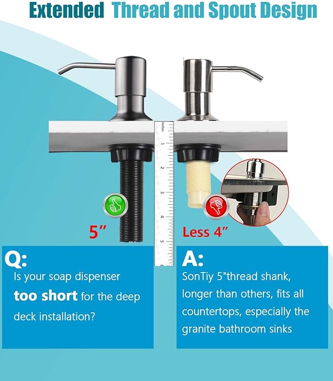 Soap Dispenser for Kitchen Sink, SonTiy Kitchen Dish Soap Dispenser Pump Brushed Stainless Steel Liquid Soap Dispenser with 47" No-Spill Extension Tube with Check Valve+17 OZ Bottle, Powerful Suction