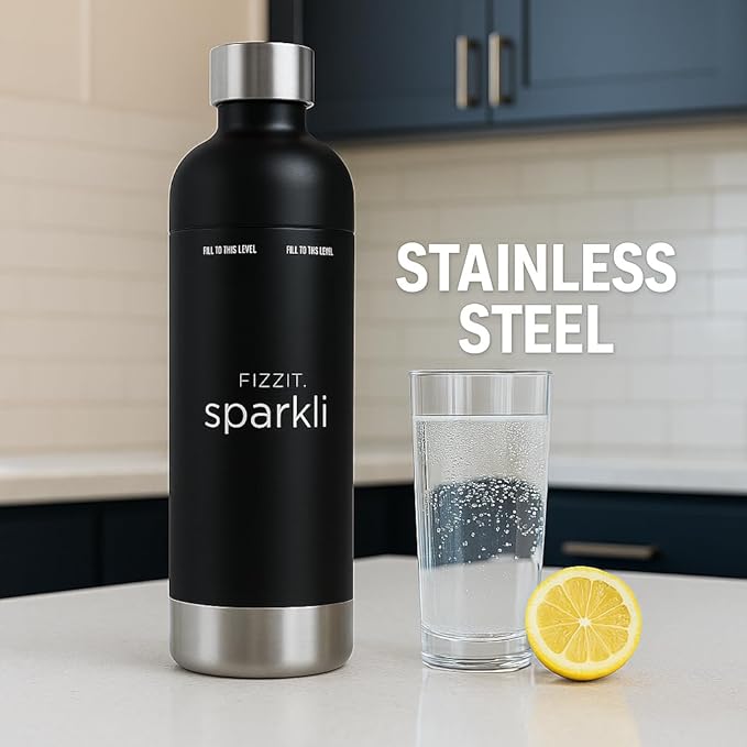 FIZZIT Black Stainless Steel Carbonation Bottle | Compatible with Some Soda Makers | Reusable Sparkling Water Bottle, Dishwasher Safe, BPA-Free (SSB-B)