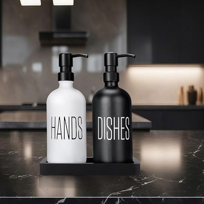 Kitchen Soap Dispenser Set with Silicone Tray, Premium Glass Hand and Dish Soap Dispenser Set for Kitchen Sink, Rustproof Stainless Steel Pump, Modern Kitchen Décor & Versatile Gift for Any Occasion