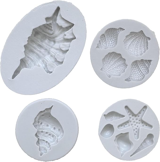 4 PCS Marine Theme Cake Fondant Silicone Mold Seashell Conch Starfish Baking Molds for DIY Cake Decoration Chocolate Candy Polymer Clay Crafting Projects