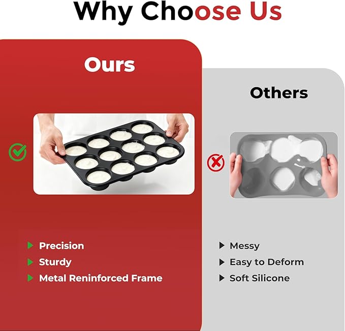 Silicone Muffin Pan for Baking: 12 Cup Muffin Pan with Metal Reinforced Frame, Regular Size Cupcake Egg Bites Molds for Baking, BPA Free Silicone Muffin Tray, Dishwasher Safe (1 Pack, Black)