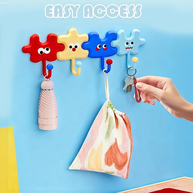 Dopamine Cartoon Puzzle Adhesive Wall Hooks, Cute Strong Hold Hooks for Bathroom Kitchen Entryway