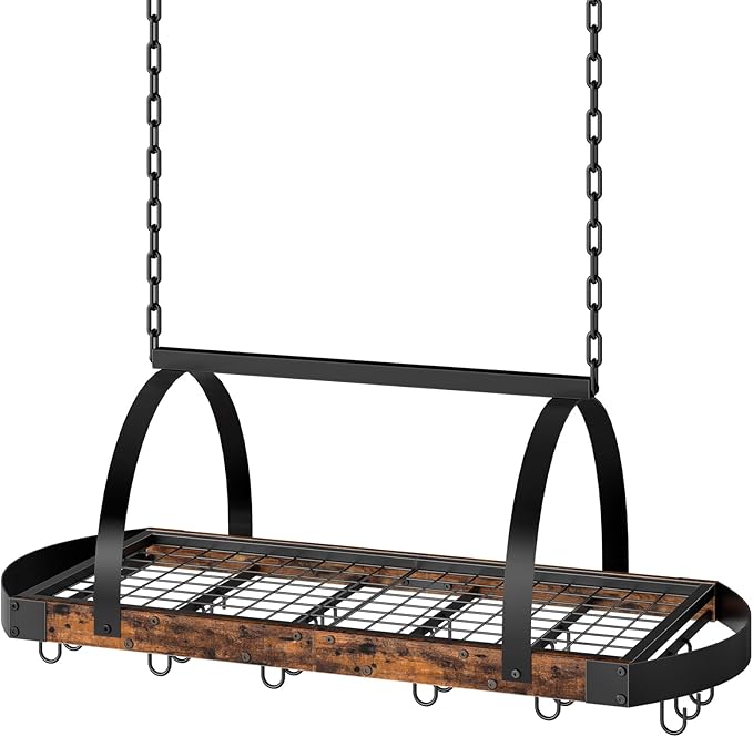 CHOEZON Hanging Pot Rack, Pot Hanger for Kitchen, Ceiling Mounted Pot Holder, Cookware Organizer with 18 S-Shaped Hooks, for Pot, Pan Storage, Space-Saving, Rustic Brown and Black TPR18BF