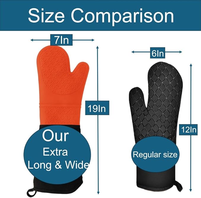 Extra Long High Temp Oven Mitts - 2pcs Commercial, Heavy Duty Non-Slip Grip Mitts - Silicone Heat Resistant Up to 500 Degrees, Ideal for Cooking, Baking & Frying, Orange