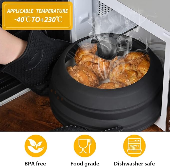 Tall Microwave Splatter Cover Glass Cover Guard Lid 6 inch Height with Collapsible Silicone for Food Pot Plate 12.5 inch Black