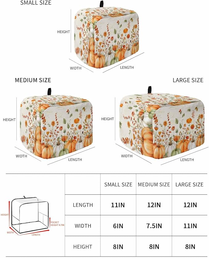 Orange White Pumpkins Fall Toaster Cover 2 Slice, Thanksgiving Botanical Leaves Dustproof Bakeware Oven Protector with Top Hook, Retro Waterproof Small Kitchen Appliance Toasters Dust Cover, 11"x6"x8"