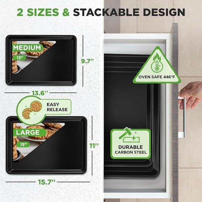 NutriChef 2-Piece Non-Stick Black Cookie Sheets - Versatile & Durable Non-Toxic Carbon Steel Bakeware Sets, Stackable Baking Tray for Cookies, Brownies, Jelly rolls - Oven Safe & Easy Clean