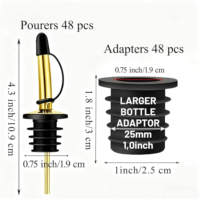 48-Pack Liquor Bottle Pourers with Adapters, Liquor Pour Spout Adapters set for for Large Olive Oil Bottles and Liquor Bottles - Up to 1 Inch/25mm Neck Converts Any Spout into a Large Pour Spout,Gold