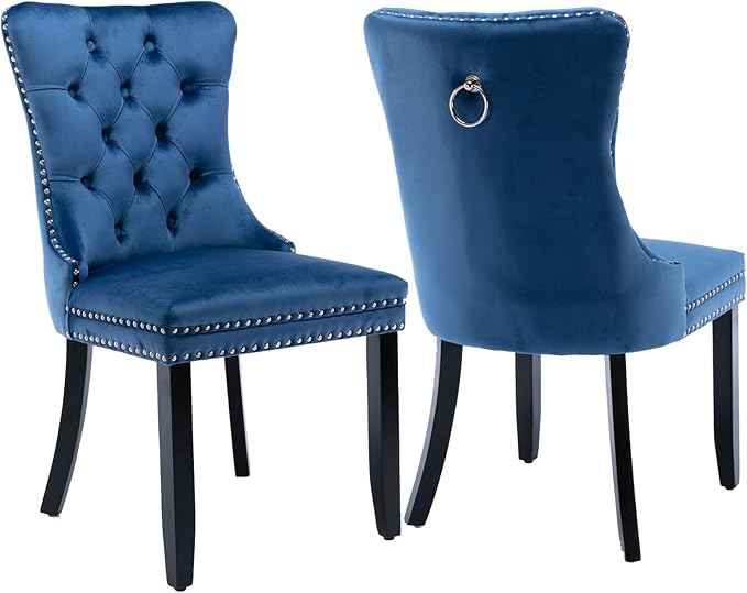 Upholstered Dining Chairs Set of 2, Velvet Dining Room Chairs with Back Ring Pull Trim and Solid Wood Legs, Tufted Wingback Kitchen Chair Perfect for Dining Room,Living Room,Kitchen(Blue)