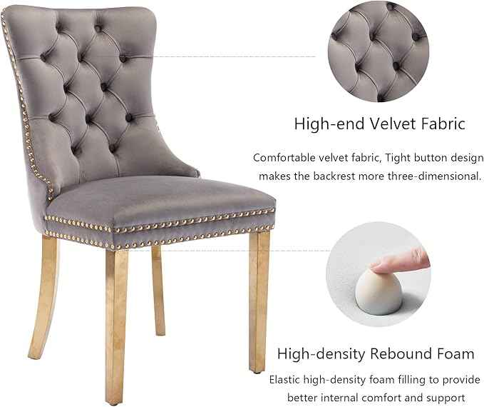 Grey Velvet Dining Chairs Set of 6, Upholstered Dining Room Chairs with Back Ring Pull Trim and Golden Stainless Steel Legs,Modern Kitchen Chairs for Dining Room,Living Room,Kitchen(Grey)
