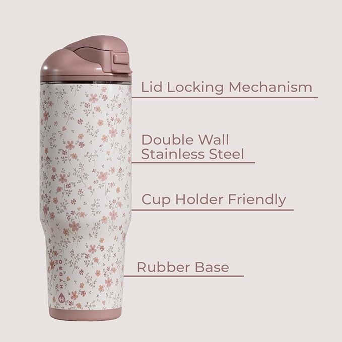 HydroJug Ease2o Water Bottle with Straw & Chug Lid, Stainless Steel, Vented Cap to Help Reduce Pressure, Water-Level Window, Cup Holder Friendly, Non-Slip Base – 40oz, Magnolia