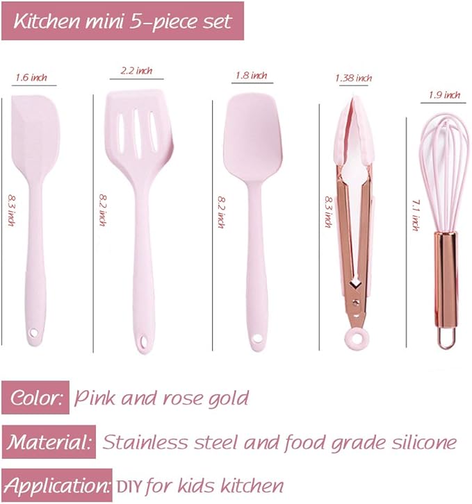 Collfa Rose Gold And Pink Kitchen Utensil Small Five-Piece Set Mini Silicone Kids Kitchen Tools Whisk Spatula Tongs Spoon And Slotted Spatula(Kids Baking Supplies)