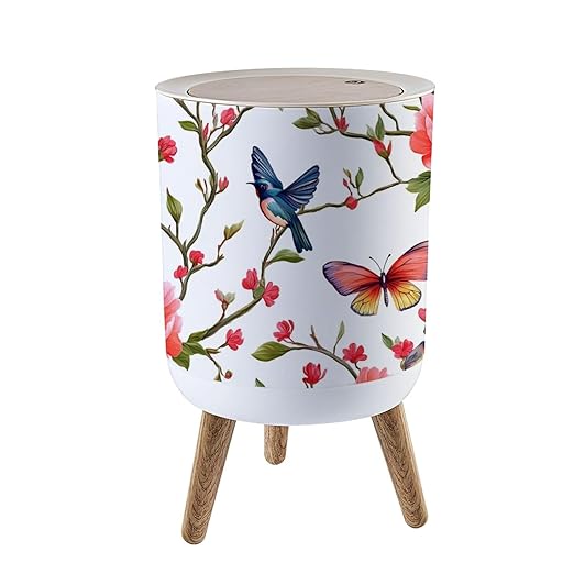 Trash Can with Lid Seamless floral pattern hand drawn hummingbirds tropical japanese Press Top Round Small Garbage Bin with Wooden Legs Waste Basket for Kitchen Bedroom Nursery 7L/1.8 Gallon