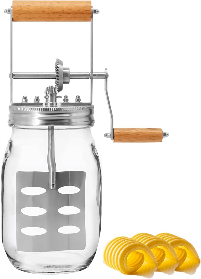 Premium Butter Churner – Makes Fresh Homemade Butter in 10 Minutes | 32oz Glass Jar with Stainless Steel Paddle | Hand Crank Butter Maker | Easy to Use & Clean | Perfect for Family Kitchen Fun