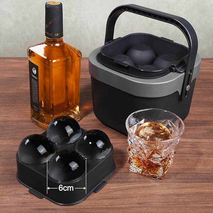 Crystal Clear Ice Ball Maker Mold, 4 Large 2.4" Premium Clear Ice Cube Trays Sphere Mold, 2-in-1 Silicone Ice Round Molds 2L Ice Bucket Icecan for Whiskey, Cocktails, Brandy, Bourbon, Idea Gifts