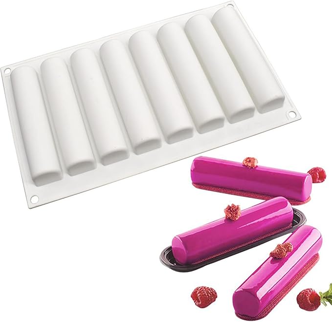 3D Cylindrical Silicone Mold for Baking Mousse,3D Silicone Baking Molds for Cakes French Dessert Mold for Pastry Chocolate Silm Bar Cake Decoration Mold(8-Cavity)