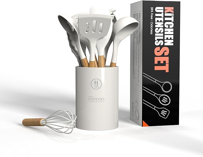 oannao Silicone Cooking Utensils Set - 446°F Heat Resistant Silicone Kitchen Utensils for Cooking,Kitchen Utensil Spatula Set w Wooden Handles and Holder for Non-Stick Cookware (Cream White)