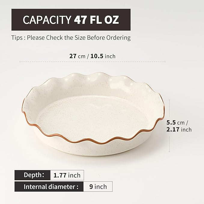 SIDUCAL Pie Pan for Baking 10.5 inch,NonStick Reusable Ceramic Pie Plate with Ruffled Edge,Dishwasher and Oven Safe,Deep Dish Pie Pan for Apple Pie,Quiche,Pot Pies, Tart, etc（White）