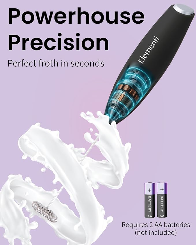 Elementi Electric Milk Frother Handheld - Make Creamy Lattes, Delicious Cappuccinos and Perfect Drinks - Compact Mixer & Coffee Stirrer with Whisk (White)