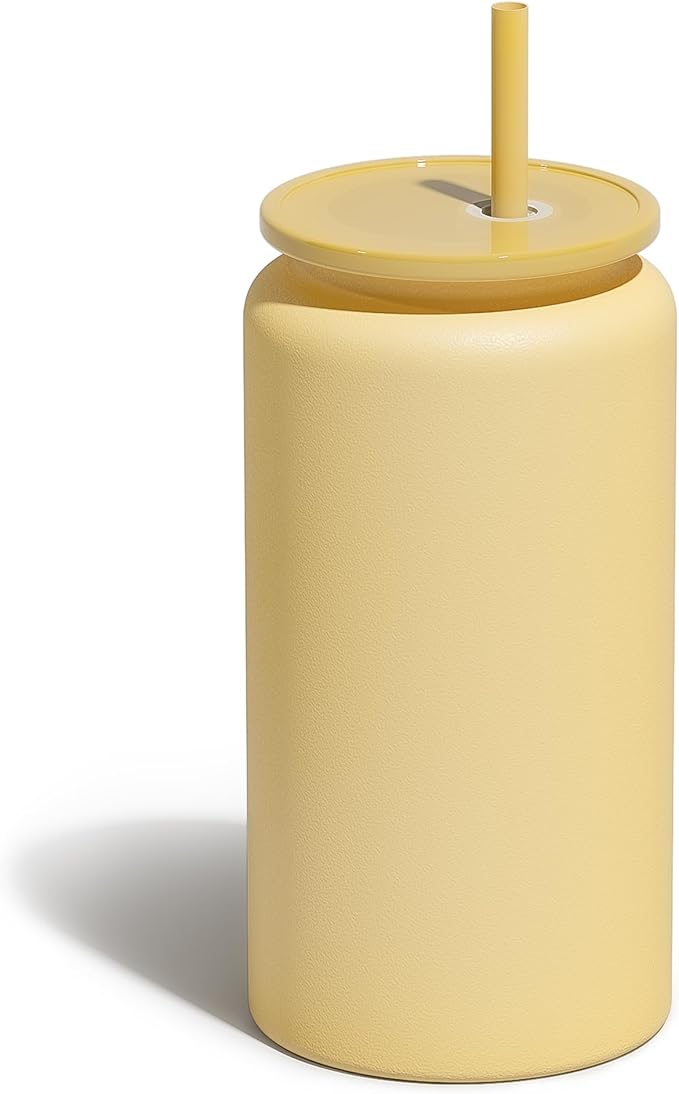 16oz Glass Cups With Lids and Straws, Stainless Steel Beer and Iced Coffee Cup, Smoothie Drinking Cup, Yellow (Textured Matte Finish, Not Sublimatable)