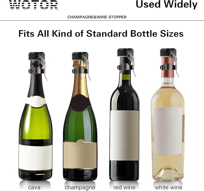 WOTOR Champagne&Wine Bottle Stoppers Stainless Steel with Food Grade Silicone, Leak Proof Keep Fresh Reusable Saver, Cork Suitable for Wine, Champagne, Cava, Prosecco and Sparkling (6 Pack Black）