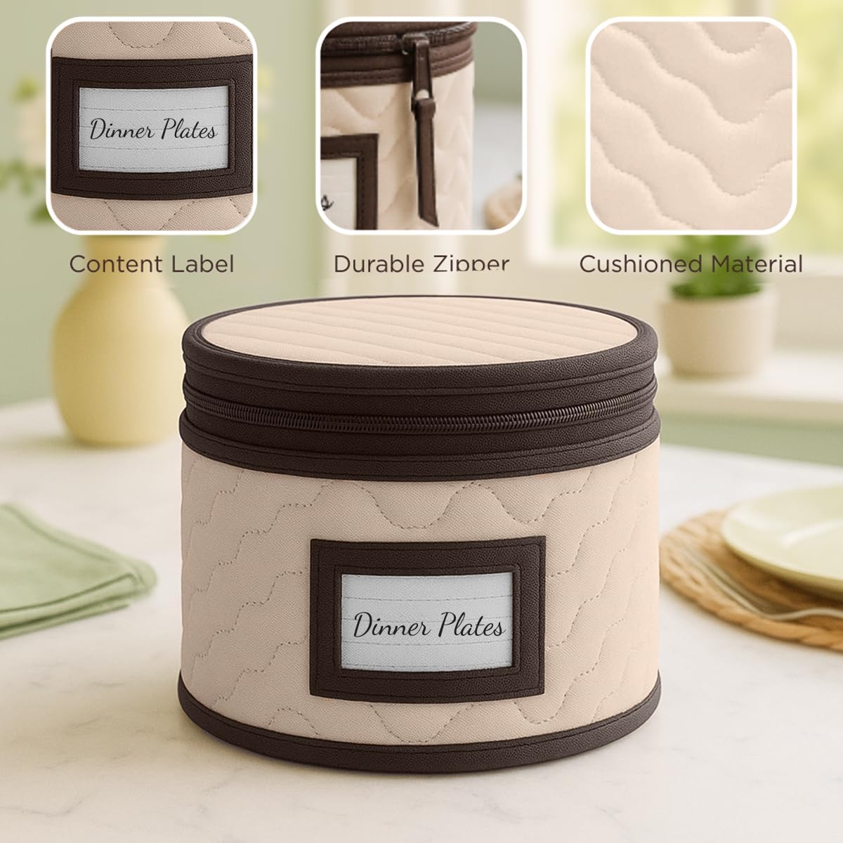 Dinner Plates Storage - Quilted Microfiber China Organizer Box with Dividers , Protects & Organizes Up to 12 Plates of 12" - Ideal for Seasonal Dishware Protection