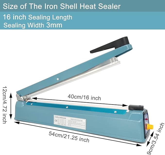 Impulse Sealer 16 inch Heat Sealer for Plastic Bags, Metal Plastic Bag Sealer Heat Seal, Mylar Bag Sealer, Manual Poly Bag Hot Seal Sealing Machine with 4 Repair Kit(2 Cutting Lines Included)