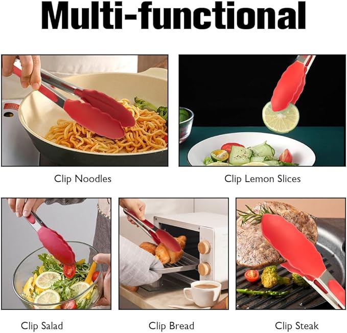 Kitchen Tongs 2 Pcs Tongs for Cooking 7 Inch 9 Inch Red Silicone Tongs Stainless Steel Locking Food Tong with Non-Slip Silicone Tips Heat Resistant Serving Tong for BBQ Grilling Salad Kitchen Utensil
