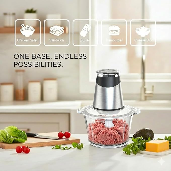 MEGAWISE Electric Food Processor, 800W Meat Grinder & Vegetable Chopper - 2 Bowls (3L Stainless Steel + 3L Glass) with 4 Blades, Dual-Speed Food Chopper for Meat, Fruits, Vegetables, and Nuts