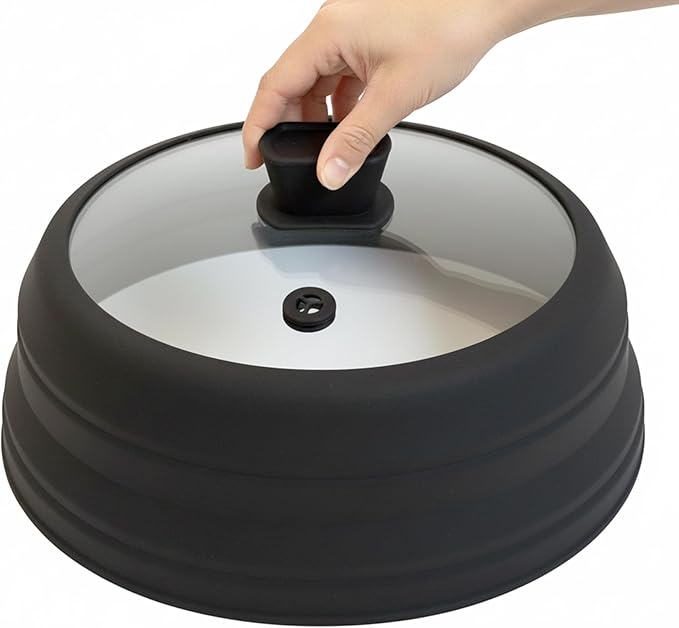 Microwave Splatter Cover Microwave Cover for Food 9.8 Inch Collapsible Glass Microwave Cover with Handle Silicone microwave splatter cover for Home Kitchen (Black)