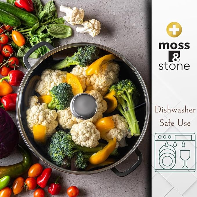 Moss & Stone 12 Inch Nonstick Large Skillet with Lid, 5 Quart Deep Saute Pan, Dishwasher & Oven Safe, Double Handled Frying Pan With Lid, PFOA Free Induction Compatible Cookware