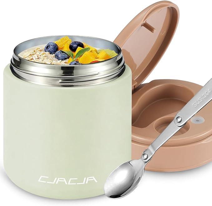 Insulated Food Jar for Kids - 15.2 Oz, Thermo for Hot Food, Soup Thermo, Insulated Food Container, Termos Para Comida Caliente, Width Mouth Stainless Steel Lunch Box with Spoon, Green